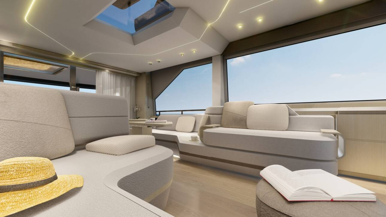 Couches and benches inside of the salon the Aicon Yachts USA Vivere 70