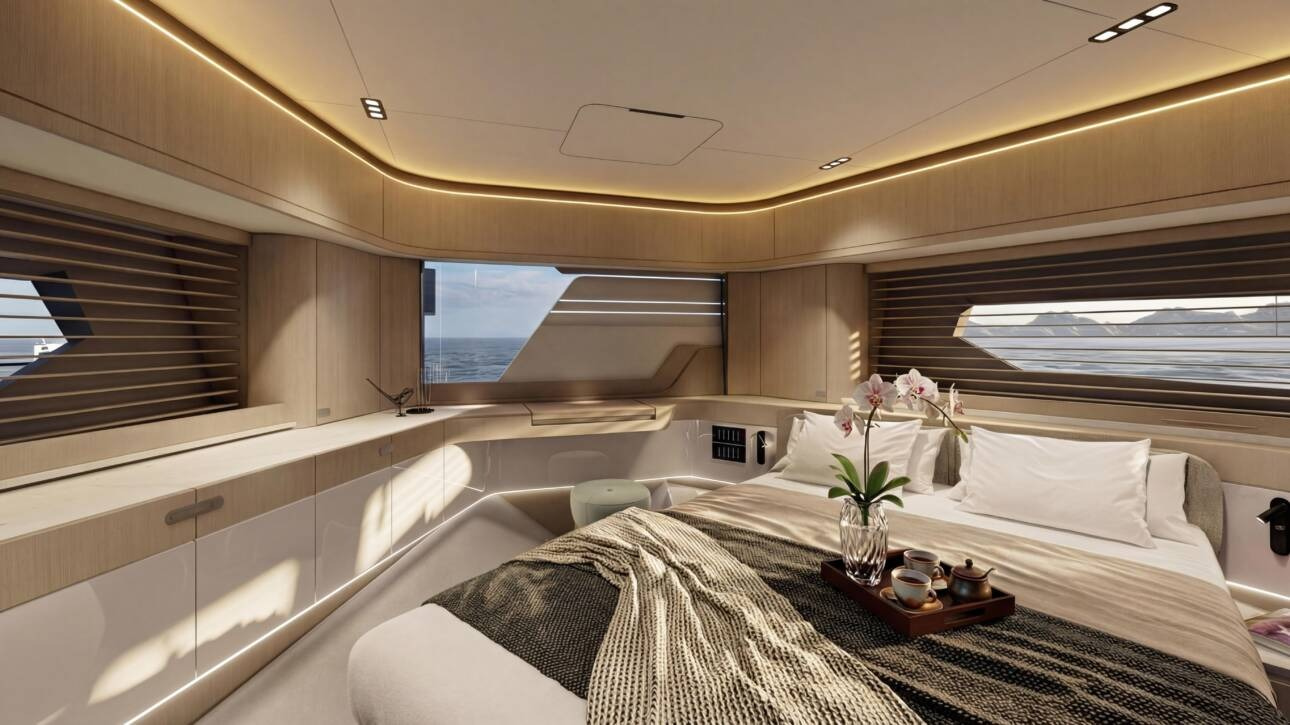 VIP Stateroom of the Aicon Yachts USA Vivere 70 at dusk with sunshine coming in through the windows