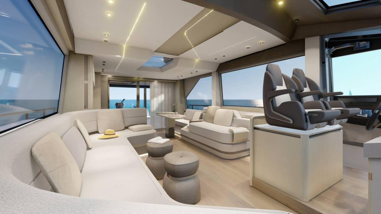 Helm station and salon of the Aicon Yachts USA Vivere 70