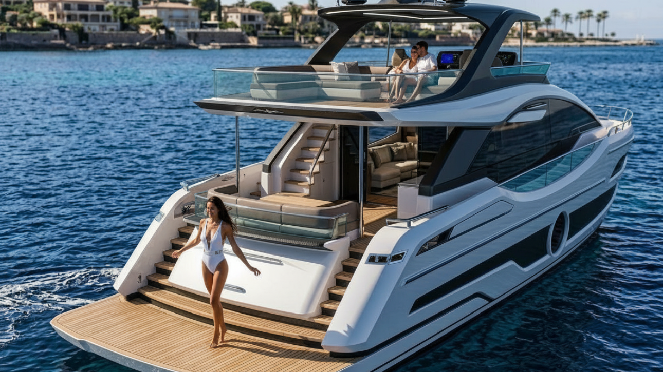 Women about to jump from the aft deck of the Aicon Yachts USA Vivere 80